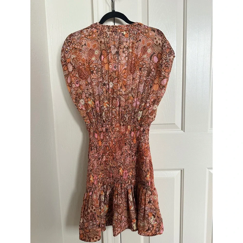 A.L.C. Carly Silk Paisley Smocked Mini Dress Size 4 Boho Luxury - Picture 3 of 8